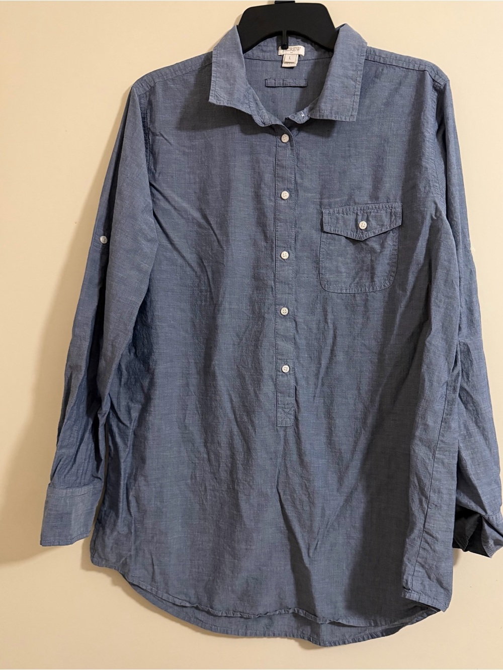 J Crew Roll Tab Long Sleeve 1/2 Button Chest Casual Top Blouse Sz L Preppy
